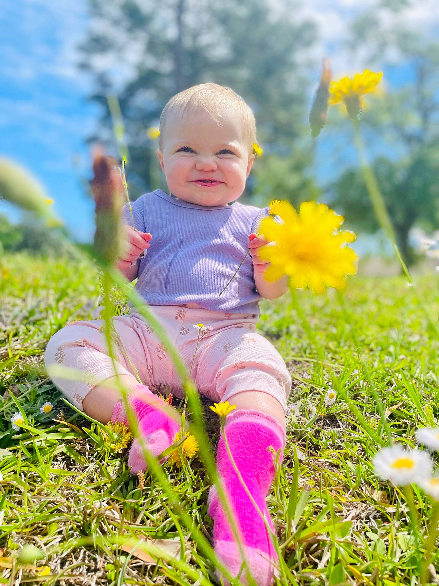 Guinevere is registered to the contest to win money with this photo: baby, baby_toddler_clothing, beauty, child, face, flower, fun, grass, grass_family, grassland, happy, joy, meadow, people_in_nature, person, petal, plant, sky, smile, sunlight