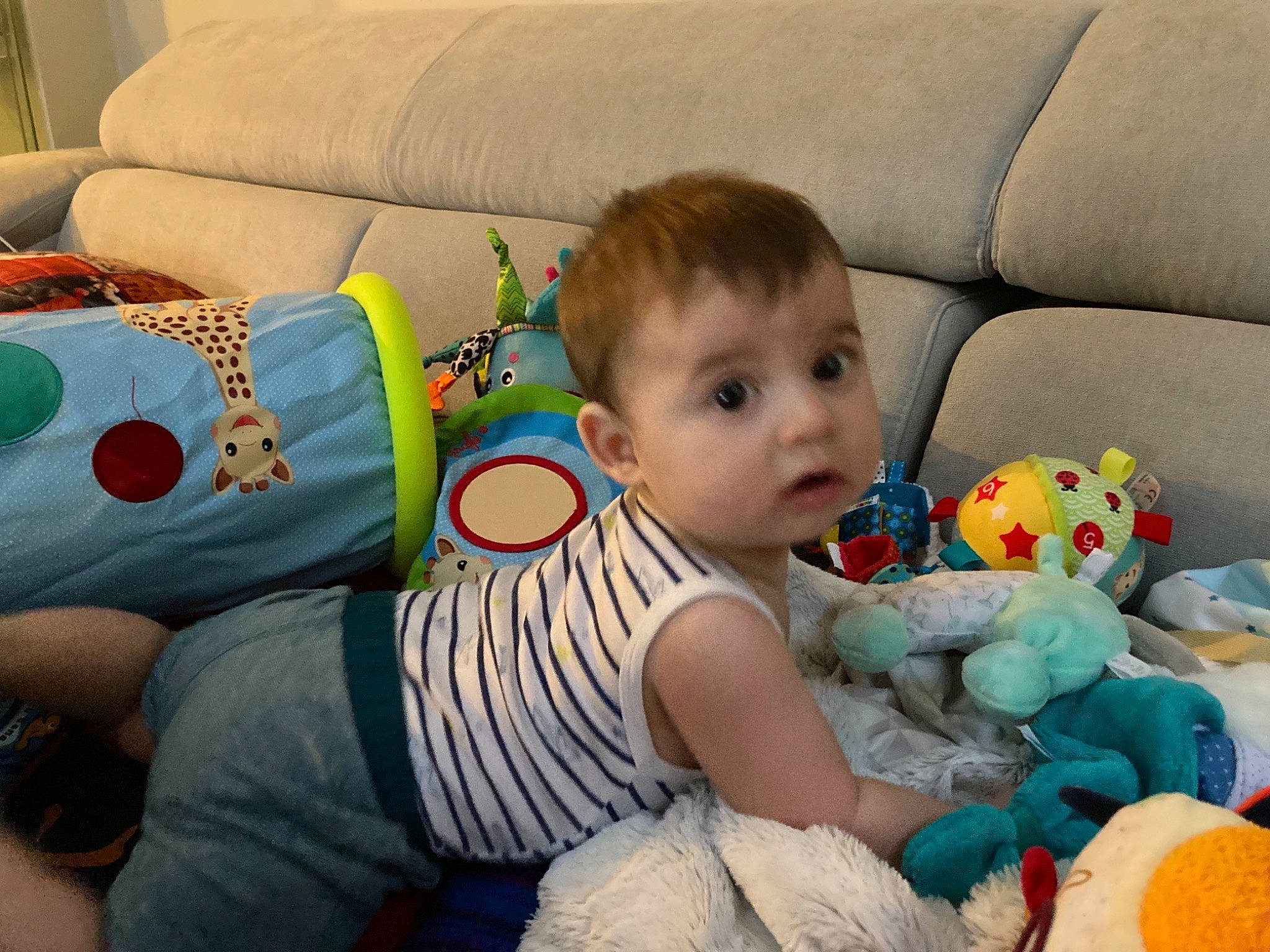 Adonis participe au concours pour gagner de l'argent avec cette photo : baby, baby_playing_with_toys, baby_products, baby_toddler_clothing, bedtime, cheek, child, comfort, couch, eye, happy, linens, person, play, room, sitting, skin, stuffed_toy, surprise, toddler