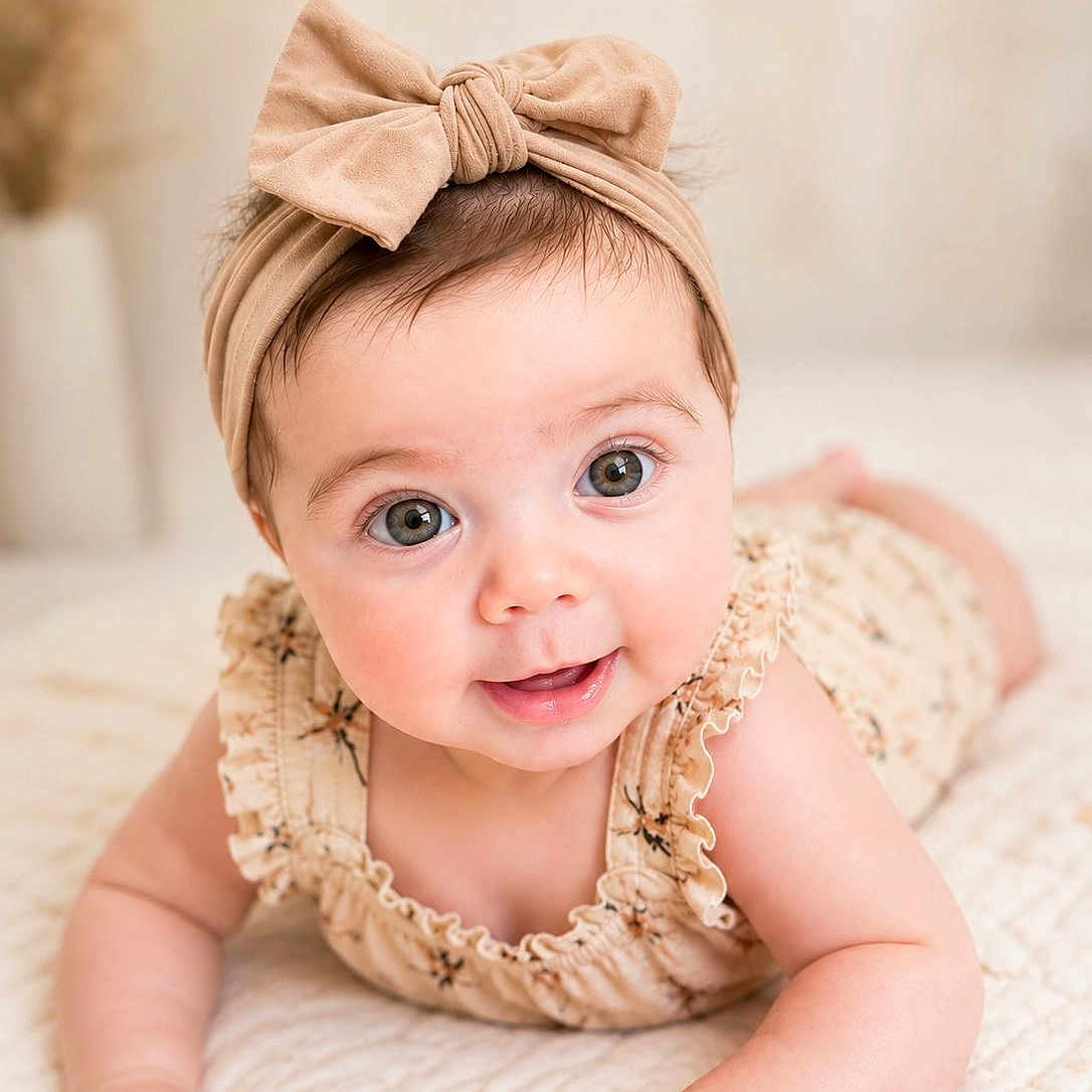 Luiza is registered to the contest to win money with this photo: baby, infant, child, headband, bow, cute, smile, lying_down, quilt, soft_texture, indoors, portrait, closeup, skin, eyes, hand, clothing, neutral_background, adorable, happy