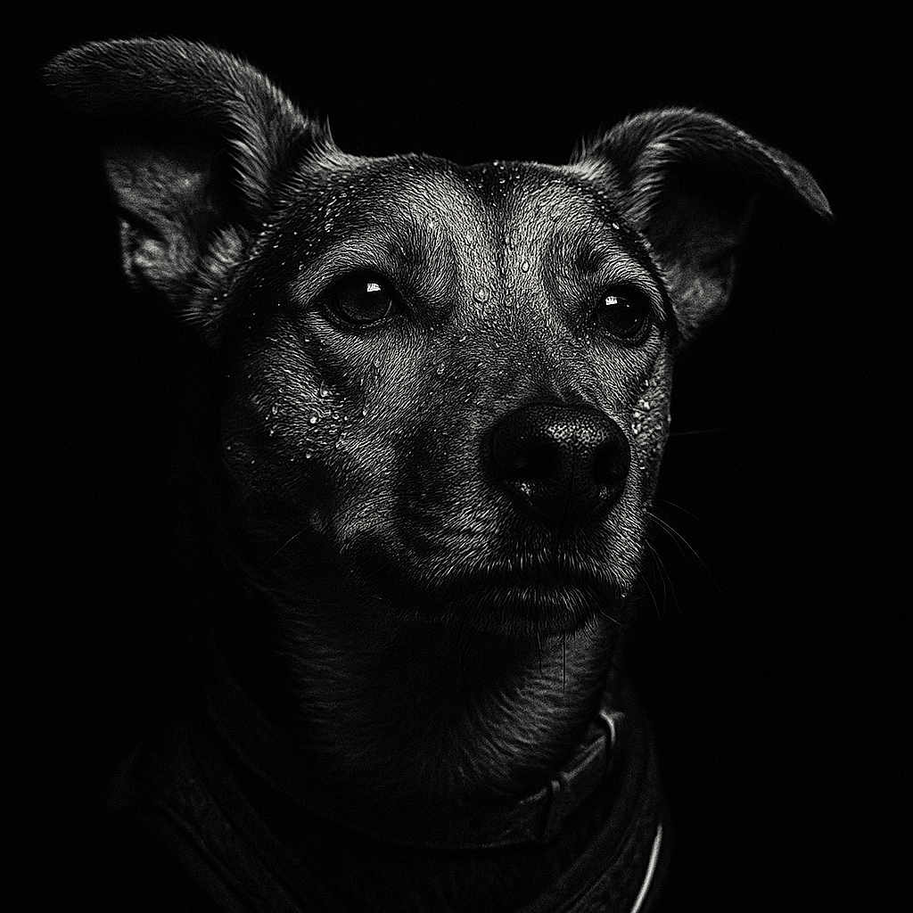 Dory a rejoint le concours — aidez-le/la à gagner de superbes lots ! animal, black_and_white, canine, close_up, collar, dark_background, detailed, dog, ears, expression, fur, intense, monochrome, moody_lighting, pet, portrait, studio, texture, water_droplets, wet