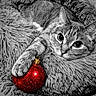 cat, tabby_cat, pet, animal, feline, holiday, christmas, ornament, red_ornament, glitter, blanket, cozy, close_up, portrait, wide_eyes, paw, indoors, black_and_white, selective_color, festive