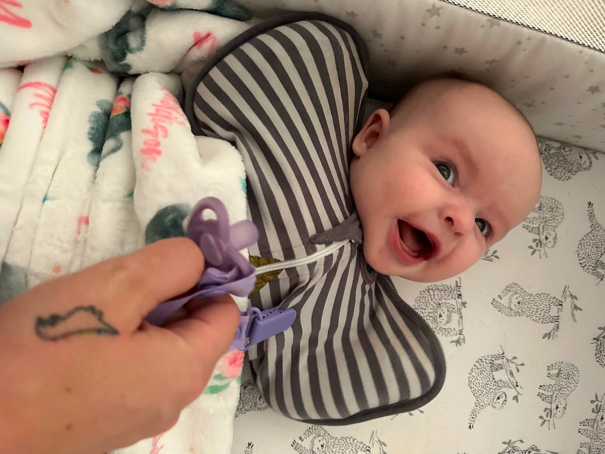 Maddison joined the competition — help win amazing prizes! baby, baby_toddler_clothing, cheek, child, comfort, eyelash, facial_expression, finger, gesture, happy, linens, lip, nail, pattern, person, pink, product, skin, smile, textile