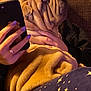 Whiskey is registered to the contest to win money with this photo: dog, shar_pei, wrinkled_face, pet, person, smartphone, blanket, cozy, indoor, couch, hand, manicure, ring, pajamas, star_pattern, close_up, brown_fur, snuggling, relaxed, texture
