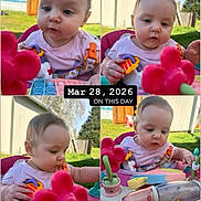 Oaklynn joined the competition — help win amazing prizes! baby, child, infant, portrait, collage, four_images, outdoor, playtime, toys, colorful_toys, pink_toy, seated, playing, curious, focused, casual_clothing, pink_shirt, backyard, grass, social_media_screenshot