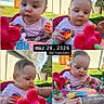 baby, child, infant, portrait, collage, four_images, outdoor, playtime, toys, colorful_toys, pink_toy, seated, playing, curious, focused, casual_clothing, pink_shirt, backyard, grass, social_media_screenshot