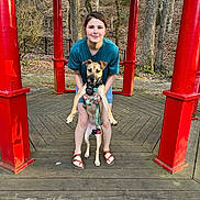 Everest is registered to the contest to win money with this photo: person, dog, playing, leash, outdoor, wooden_gazebo, red_pillars, forest, trees, fallen_leaves, casual_clothing, sandals, smiling, happy_dog, nature, daylight, wooden_floor, standing, pet, fun