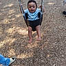 Bishop joined the competition — help win amazing prizes! baby, child, playground, swing, outdoor, smiling, happy, sitting, portrait, face, eyes, mouth_open, blue_shirt, barefoot, play_equipment, swing_chains, forest_floor, park, daylight, motion