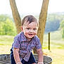 Nolan is registered to the contest to win money with this photo: toddler, child, smiling, outdoor, metal_tub, plaid_shirt, shorts, grass, tree, sunlight, nature, playful, portrait, baby, person, summer, countryside, daylight, happy, cute