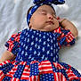 baby, sleeping, headband, bow, dress, stars, stripes, red, white, blue, outdoor, blanket, child, peaceful, infant, portrait, clothing, pattern, resting, cute
