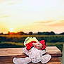 Rachel joined the competition — help win amazing prizes! baby, sleeping, red_bow, plush_bunny, wooden_surface, sunset, outdoor, field, headband, infant, peaceful, soft_toy, nature, portrait, child, cute, resting, yellow_dress, blurred_background, evening