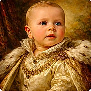 Lawson is registered to the contest to win money with this photo: antique_style, baby, blue_eyes, child, close_up, costume, curly_hair, elegant, formal, fur_cloak, gold_embroidery, historical_style, innocent, luxury, portrait, regal, royalty, soft_skin, warm_lighting, young_child
