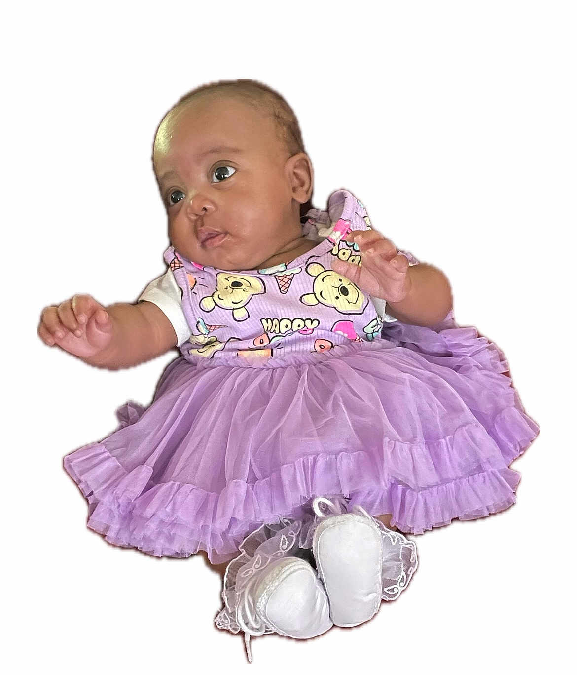 Genesis Battle Duell is registered to the contest to win money with this photo: baby, infant, tutu, purple_dress, white_booties, cute, child, clothing, smiling, portrait, fashion, happy, toddler, cute_outfit, playful, colorful, adorable, sitting, young_child, wearing