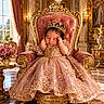 Laura joined the competition — help win amazing prizes! baby, child, crown, dress, throne, palace, royalty, ornate, gold, pink, scepter, sleeping, luxury, interior, curtains, chandelier, flowers, portrait, decor, person