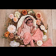 Délya a rejoint le concours — aidez-le/la à gagner de superbes lots ! baby, child, cute, decor, floral_arrangement, flower_crown, headband, indoor, infant, knitted_outfit, nest, newborn, pastel_colors, pink_bow, portrait, posing, roses, smiling, soft_blanket, wooden_floor