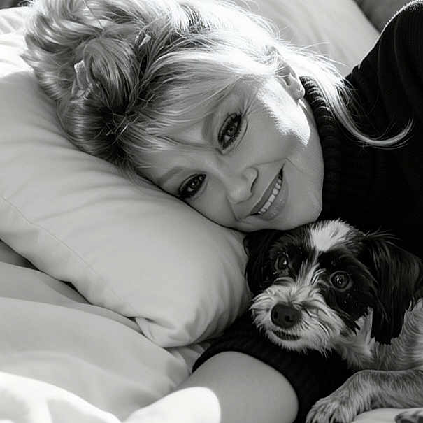 Winky participe au concours pour gagner de l'argent avec cette photo : woman, dog, bed, pillow, smile, black_and_white, portrait, indoor, cozy, laying, pet, affection, happy, hair, face, couch, turtleneck, cute, relaxing, friendly