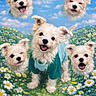 dog, white_dog, small_dog, cute, happy, smiling, floating_heads, collage, flowers, daisies, meadow, blue_sky, clouds, grass, pet, animal_portrait, green_shirt, outdoor, portrait, text_overlay
