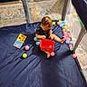 James joined the competition — help win amazing prizes! baby, child, toddler, playpen, ball_pit, colorful_balls, toy, toy_book, red_container, sitting, indoors, playroom, mesh, rug, patterned_rug, black_shirt, barefoot, infant, playtime, portrait