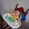baby, child, high_chair, feeding, eating, snack, food, plate, spoon, bib, yellow_clothing, indoor, kitchen, chair, wooden_furniture, portrait, sitting, face, hands, home