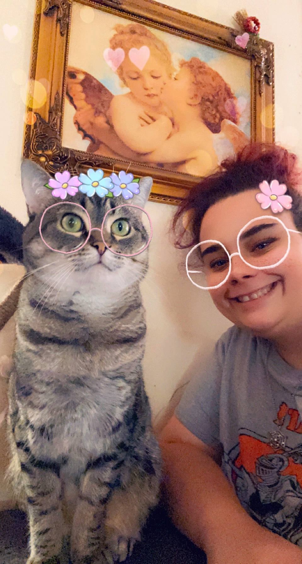 Izzy joined the competition — help win amazing prizes! art, carnivore, cat, domestic_short_haired_cat, event, eyewear, facial_expression, felidae, flower, fur, glasses, happy, human, plant, selfie, small_to_medium_sized_cats, smile, vision_care, visual_arts, whiskers