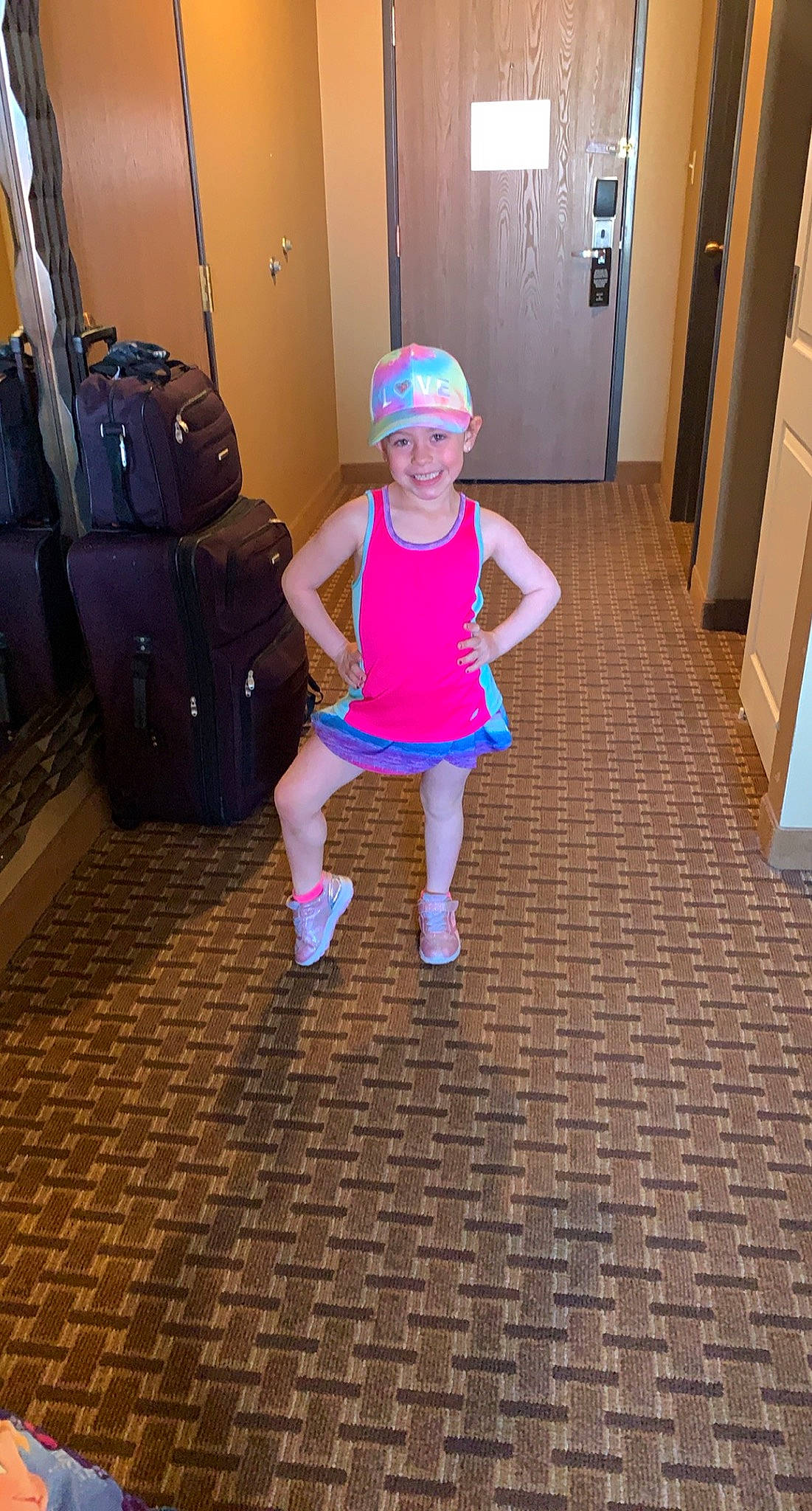 Breeslynn joined the competition — help win amazing prizes! door, floor, flooring, fun, hardwood, headwear, human_leg, joint, joy, knee, leg, leisure, magenta, person, purple, shoe, shorts, sneakers, standing, t_shirt