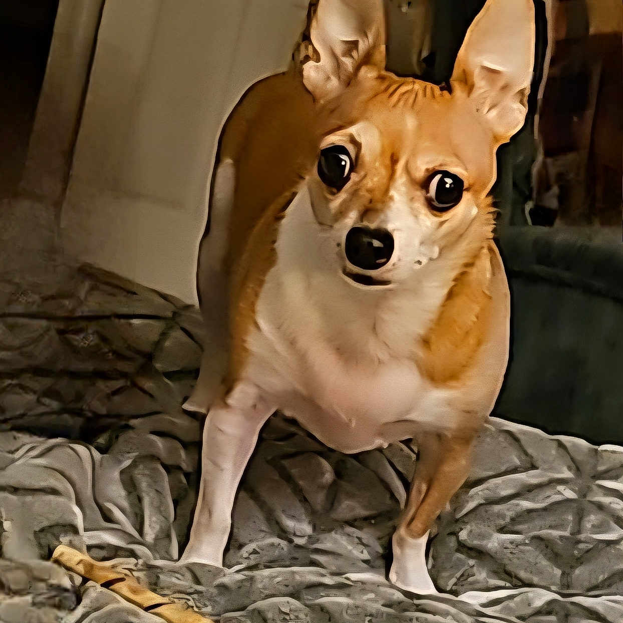 Coco is registered to the contest to win money with this photo: alert, animal, bed, bedroom, blanket, brown_and_white, canine, chew_treat, closeup, curious, dog, domestic, ears_up, fur, furniture, indoor, looking, pet, small_dog, standing