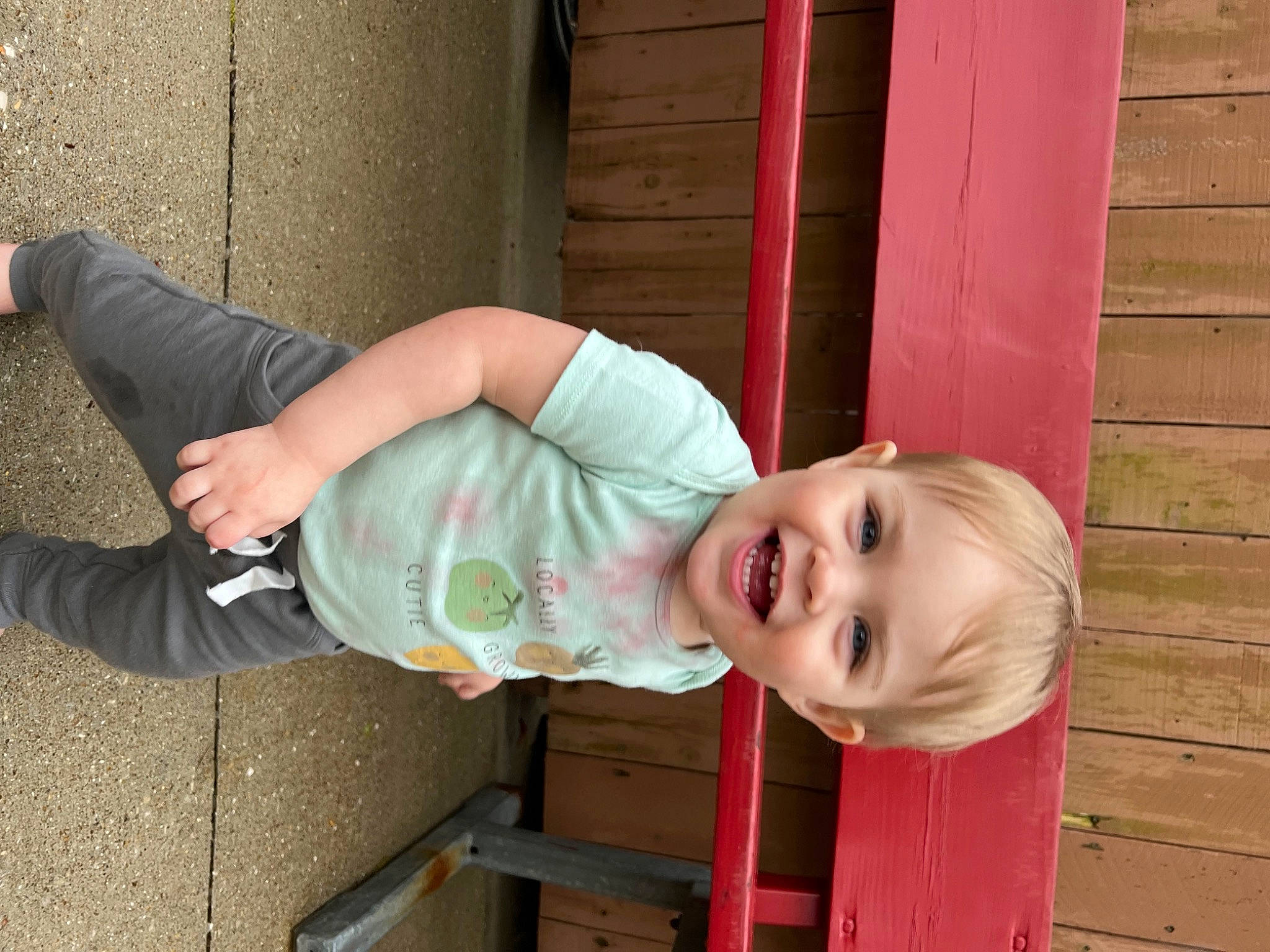 Noa is registered to the contest to win money with this photo: baby, baby_laughing, baby_products, baby_toddler_clothing, cheek, child, eye, fun, grass, happy, hardwood, human_leg, joy, person, pink, sitting, smile, sock, thumb, toddler