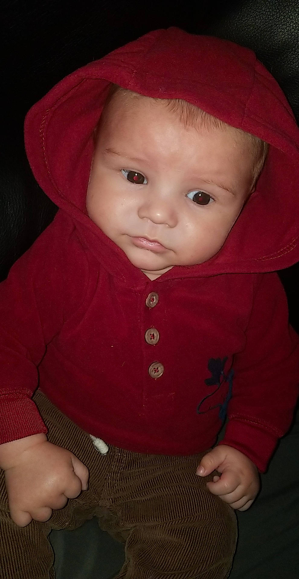 Cayde is registered to the contest to win money with this photo: baby, baby_toddler_clothing, cap, cheek, chin, clothing, collar, eye, eyebrow, head, headgear, iris, lip, mouth, nose, organ, person, pink, red, skin