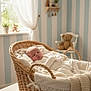 Daisy joined the competition — help win amazing prizes! baby, sleeping, wicker_basket, blanket, nursery, teddy_bear, rocking_chair, striped_wall, window, curtains, soft_light, infant, peaceful, cozy, indoor, child, bedroom, decor, knitted_blanket, person