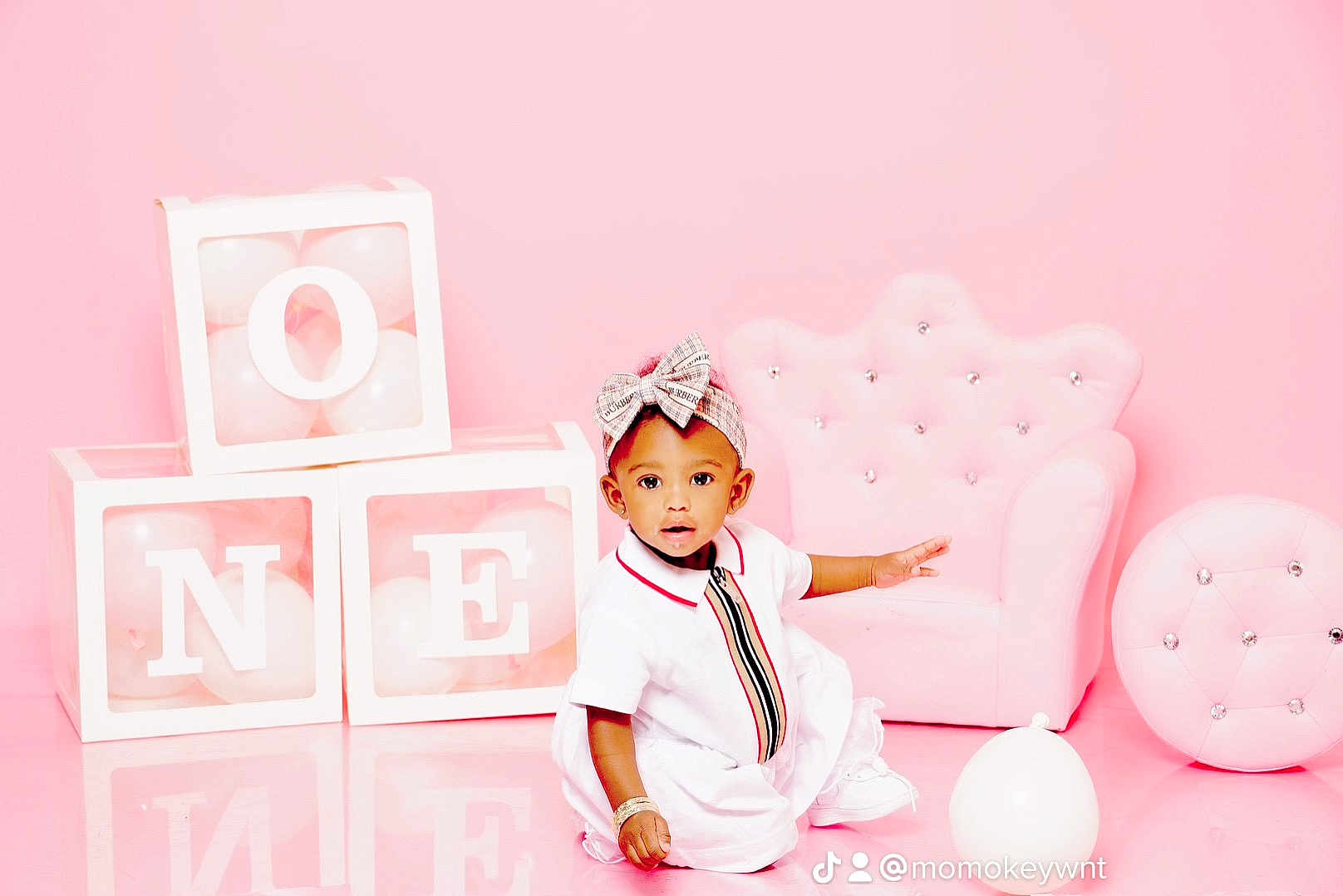 Londyyn joined the competition — help win amazing prizes! baby, child, girl, pink, birthday, blocks, one, headband, bow, dress, armchair, ottoman, balloon, floor, studio, portrait, cute, celebration, smiling, sitting