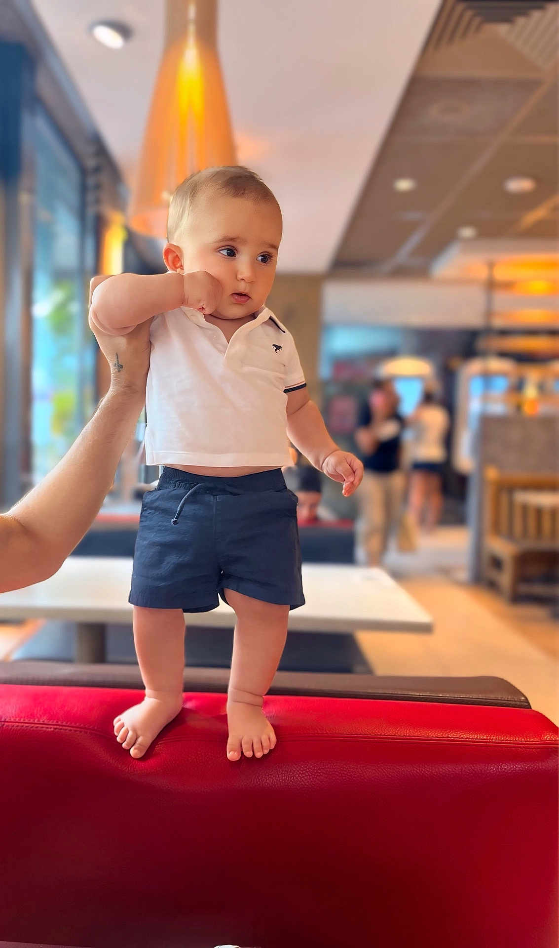 Monté a rejoint le concours — aidez-le/la à gagner de superbes lots ! baby, child, indoor, cafe, polo_shirt, shorts, barefoot, red_couch, hand, person, furniture, table, blurred_background, lighting, curious, standing, casual_clothing, young_child, holding, portrait