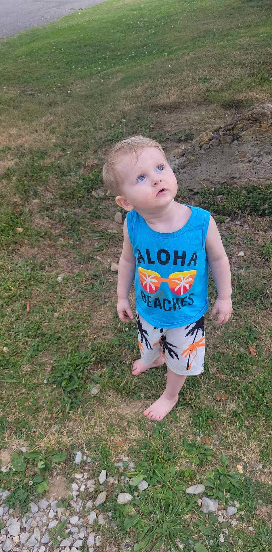 Brady is registered to the contest to win money with this photo: baby, baby_toddler_clothing, barefoot, child, fun, grass, grass_family, lawn, leisure, people_in_nature, person, plant, play, recreation, sitting, skin, sleeve, standing, surprise, t_shirt