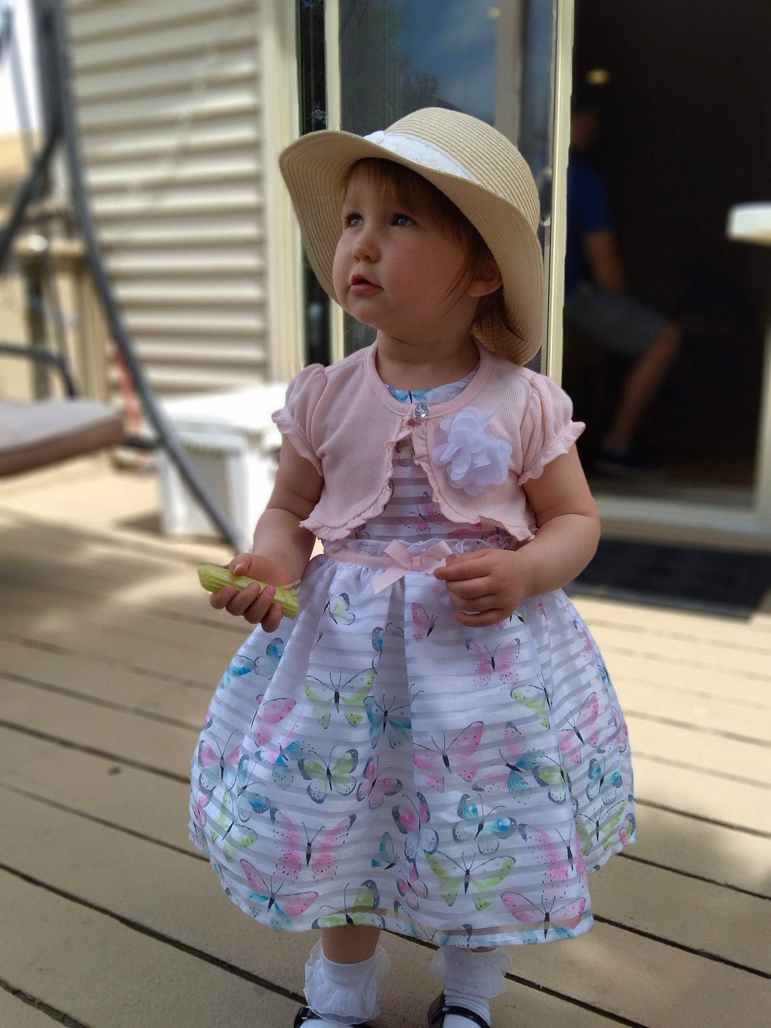 Ella is registered to the contest to win money with this photo: baby, baby_toddler_clothing, child, day_dress, fun, happy, hat, human_leg, leisure, magenta, pattern, person, pink, purple, shoulder, skin, sleeve, street_fashion, sun_hat, toddler