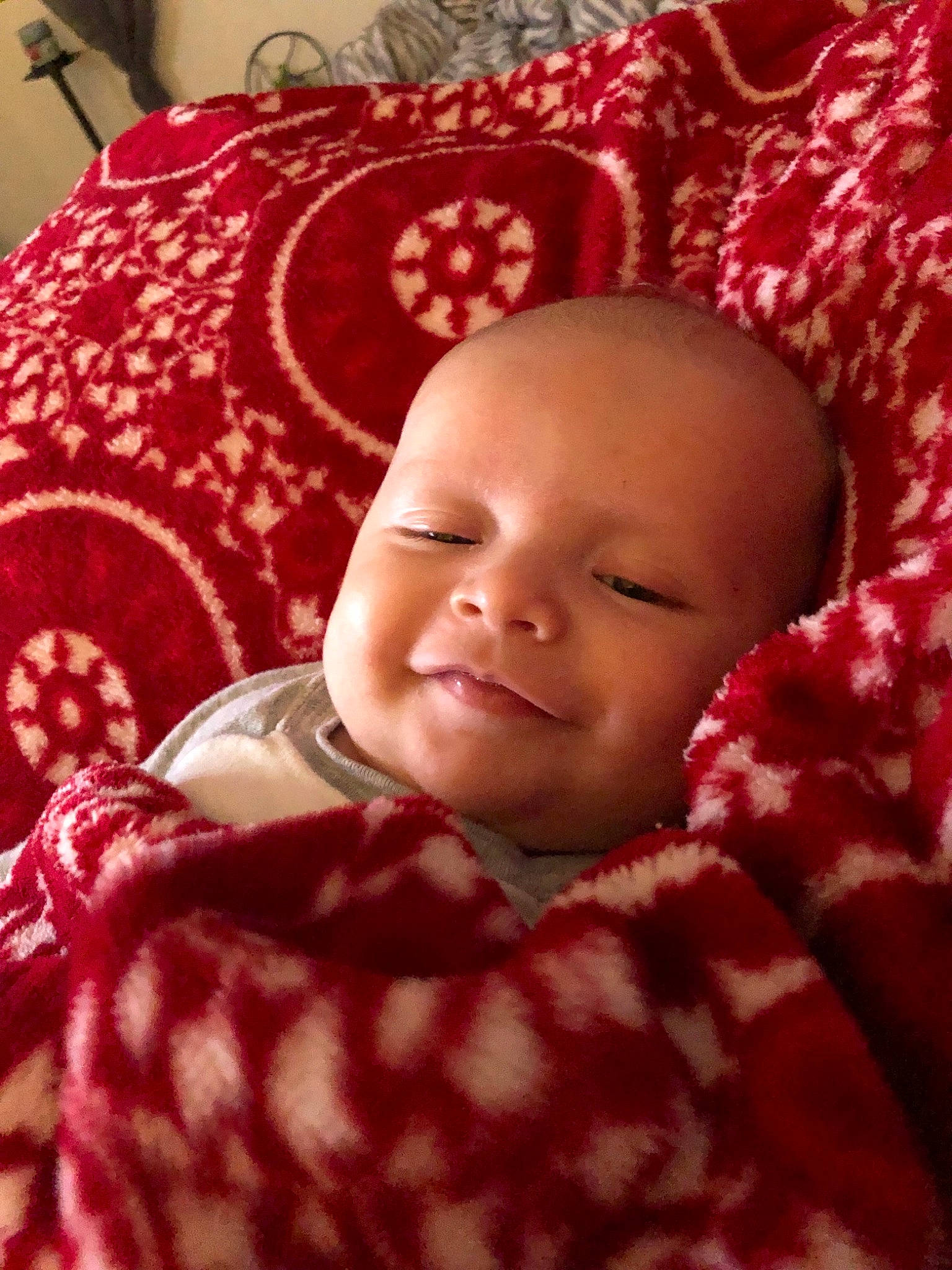 Bryson is registered to the contest to win money with this photo: bedtime, cheek, child, eye, girl, head, infant, lip, nose, person, pink, red, skin, sleep, smile, textile, toddler