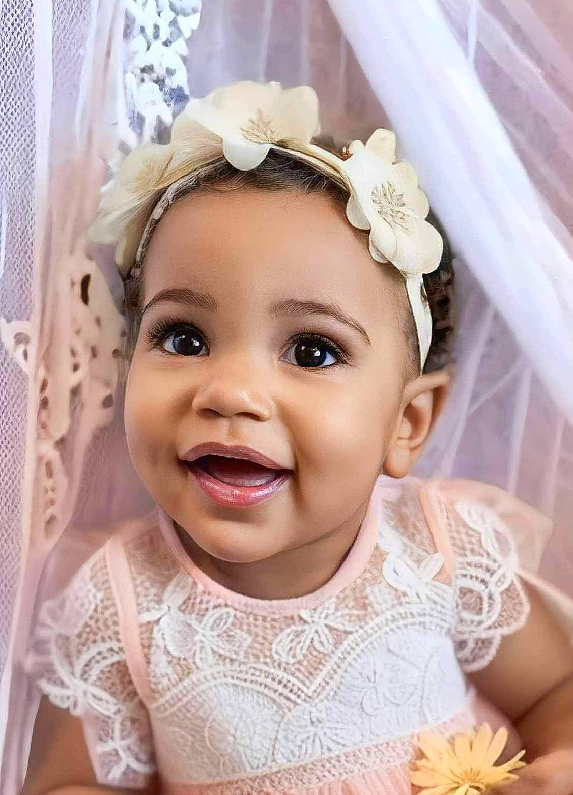 Adilayah is registered to the contest to win money with this photo: bridal_clothing, chin, dress, embellishment, eye, eyebrow, eyelash, facial_expression, flash_photography, hair, happy, head, headgear, headpiece, iris, joy, person, pink, skin, smile