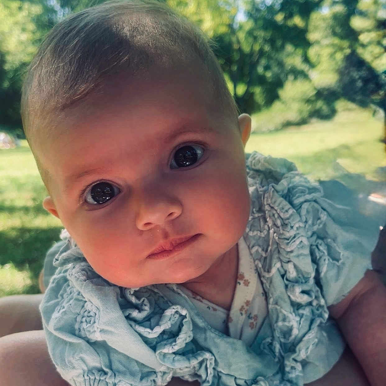 Romy participe au concours pour gagner de l'argent avec cette photo : baby, child, closeup, clothing, cute, expression, eyes, face, greenery, head, infant, nature, outdoor, person, portrait, ruffles, skin, summer, sunlight, young