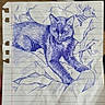 cat, drawing, pen_art, blue_ink, lined_paper, notebook, sketch, animal, fur_texture, artwork, hand_drawn, crumpled_paper, doodle, whiskers, ears, face, paws, relaxed, shading, illustration