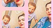 Khélyan a rejoint le concours — aidez-le/la à gagner de superbes lots ! child, woman, face, portrait, smile, playful, red_lipstick, denim_jacket, tshirt, heart_doodle, collage, pink_background, outdoor, expression, happy, person, casual_clothing, short_hair, wall, photography