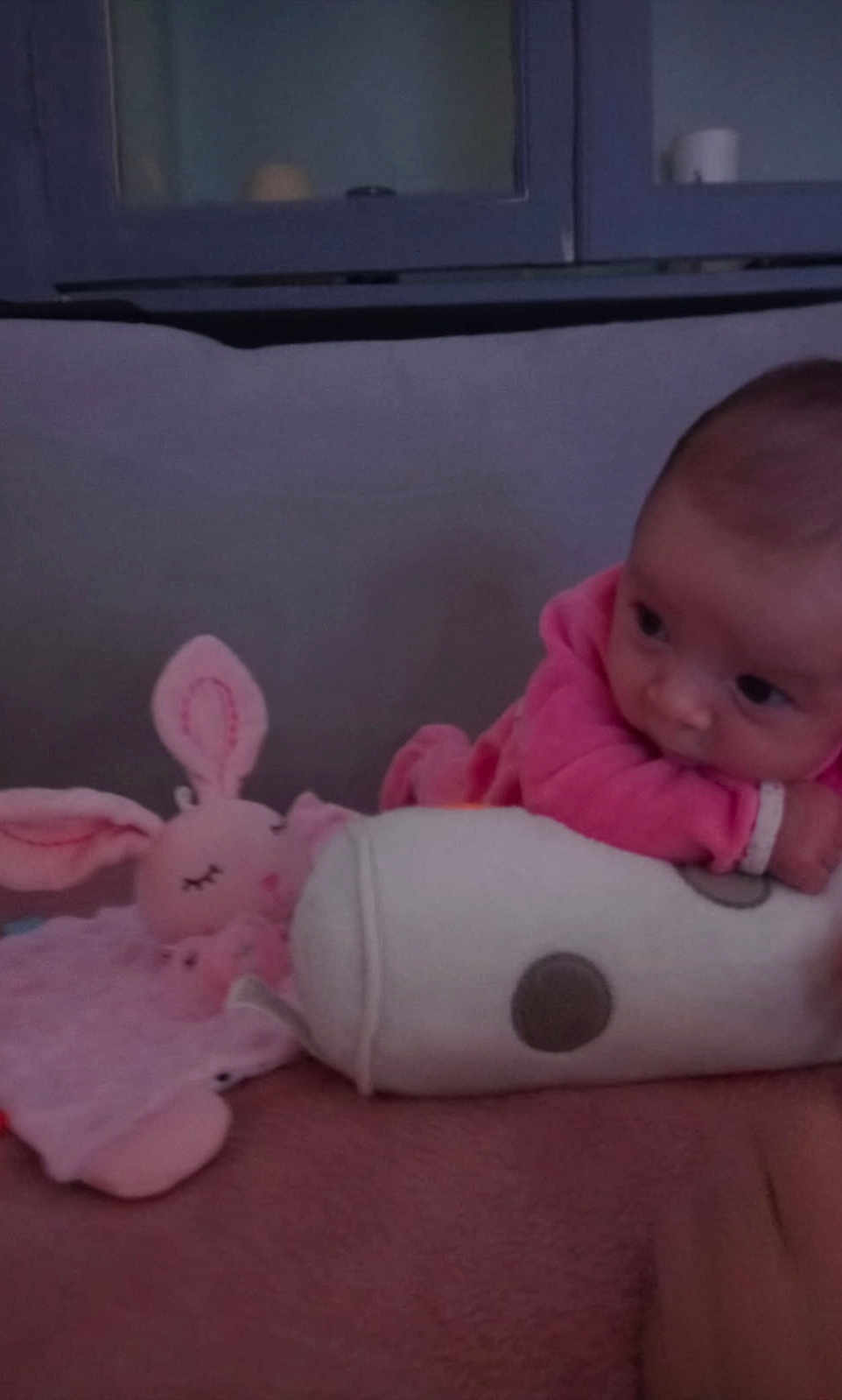 Jennaya participe au concours pour gagner de l'argent avec cette photo : baby, infant, pink_clothing, plush_toy, bunny, soft_surface, indoor, curious, child, face, head, sleepy, toy, stuffed_animal, couch, blanket, resting, young, person, cozy