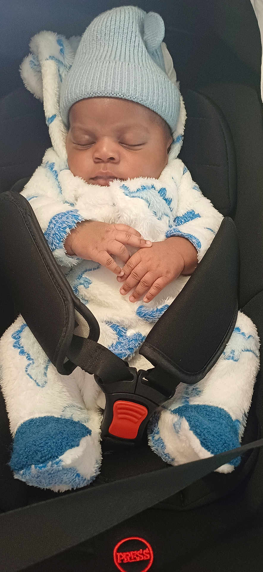 Boro Promise a rejoint le concours — aidez-le/la à gagner de superbes lots ! baby, child, sleeping, car_seat, seatbelt, knit_hat, blue, white, fuzzy_clothing, infant, cozy, hands, face, cute, resting, indoors, safety, transport, newborn, warm