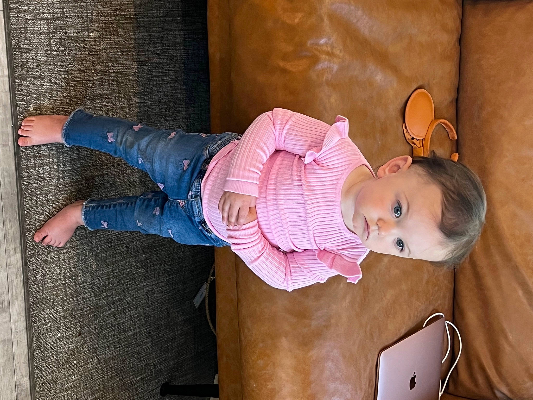 Ellie is registered to the contest to win money with this photo: baby, baby_products, baby_toddler_clothing, child, comfort, denim, foot, fun, hat, human_leg, jeans, leg, magenta, person, pink, sitting, skin, textile, thigh, toddler