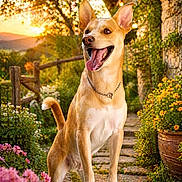 Floppy joined the competition — help win amazing prizes! canine, collar, dog, ears, flowers, fur, garden, greenery, happy, nature, outdoor, pathway, pet, scenery, smiling, stone_path, sunlight, sunset, tail, tongue_out