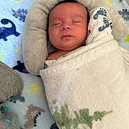 Hunter Dominic Russo is registered to the contest to win money with this photo: baby, sleeping, blanket, swaddled, infant, face, head, soft, cozy, bed, dinosaur_pattern, fabric, comfort, peaceful, child, cute, newborn, rest, nap, indoors