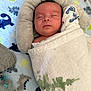 baby, sleeping, blanket, swaddled, infant, face, head, soft, cozy, bed, dinosaur_pattern, fabric, comfort, peaceful, child, cute, newborn, rest, nap, indoors