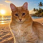 Azrael participe au concours pour gagner de l'argent avec cette photo : animal, beach, cat, coast, ears, feline, fur, ginger_cat, nature, ocean, outdoor, palm_trees, portrait, sand, scenic, sky, sunlight, sunset, tropical, whiskers