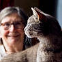 blurred_background, cat, chair, close_up, companionship, curious, domestic_animal, elderly_woman, feline, glasses, gray_cat, indoors, intimate, pet, portrait, profile, smiling, soft_light, warm, whiskers