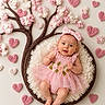Alaina is registered to the contest to win money with this photo: baby, infant, pink_dress, headband, heart_shapes, decorative_tree, soft_texture, cute, smiling, lying_down, studio_photo, cozy, floral_design, adorable, child, portrait, innocent, happy, soft_lighting, creative_background
