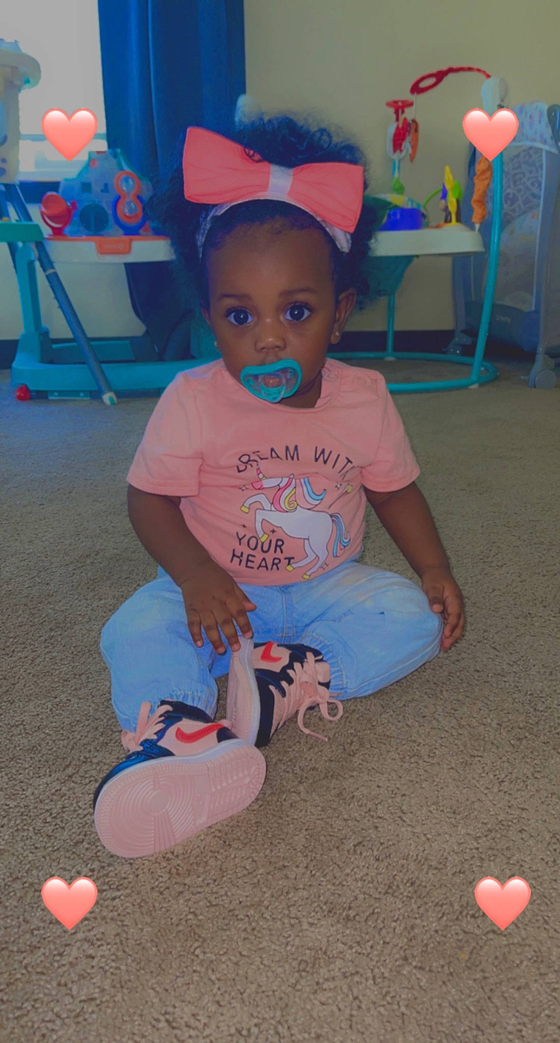 Kari joined the competition — help win amazing prizes! baby, baby_toddler_clothing, blue, chair, child, electric_blue, flooring, fun, happy, hat, leisure, magenta, person, pink, play, shorts, sitting, summer, surprise, t_shirt