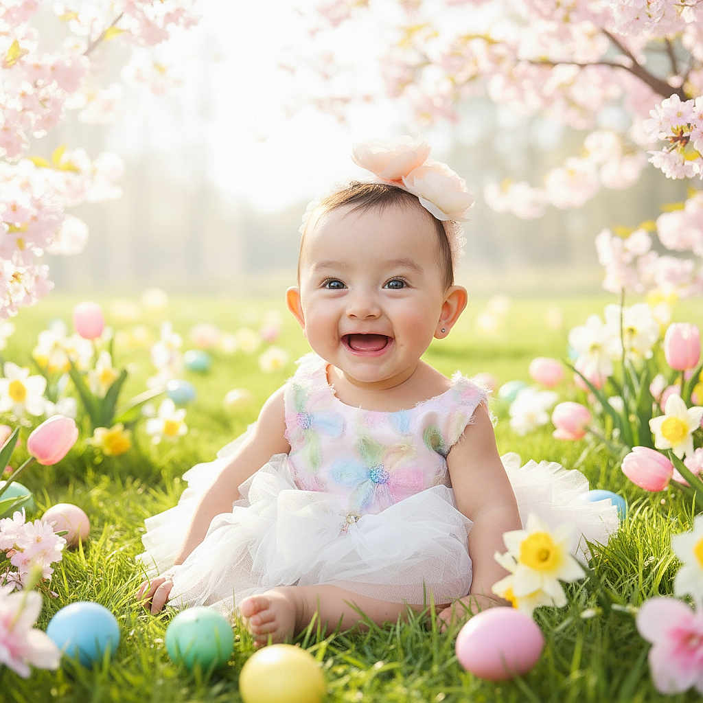 Amelia joined the competition — help win amazing prizes! baby, child, colorful, cute, dress, easter_egg, flower, grass, greenery, happy, headband, nature, outdoor, pink, smiling, spring, sunlight, toddler, white, yellow