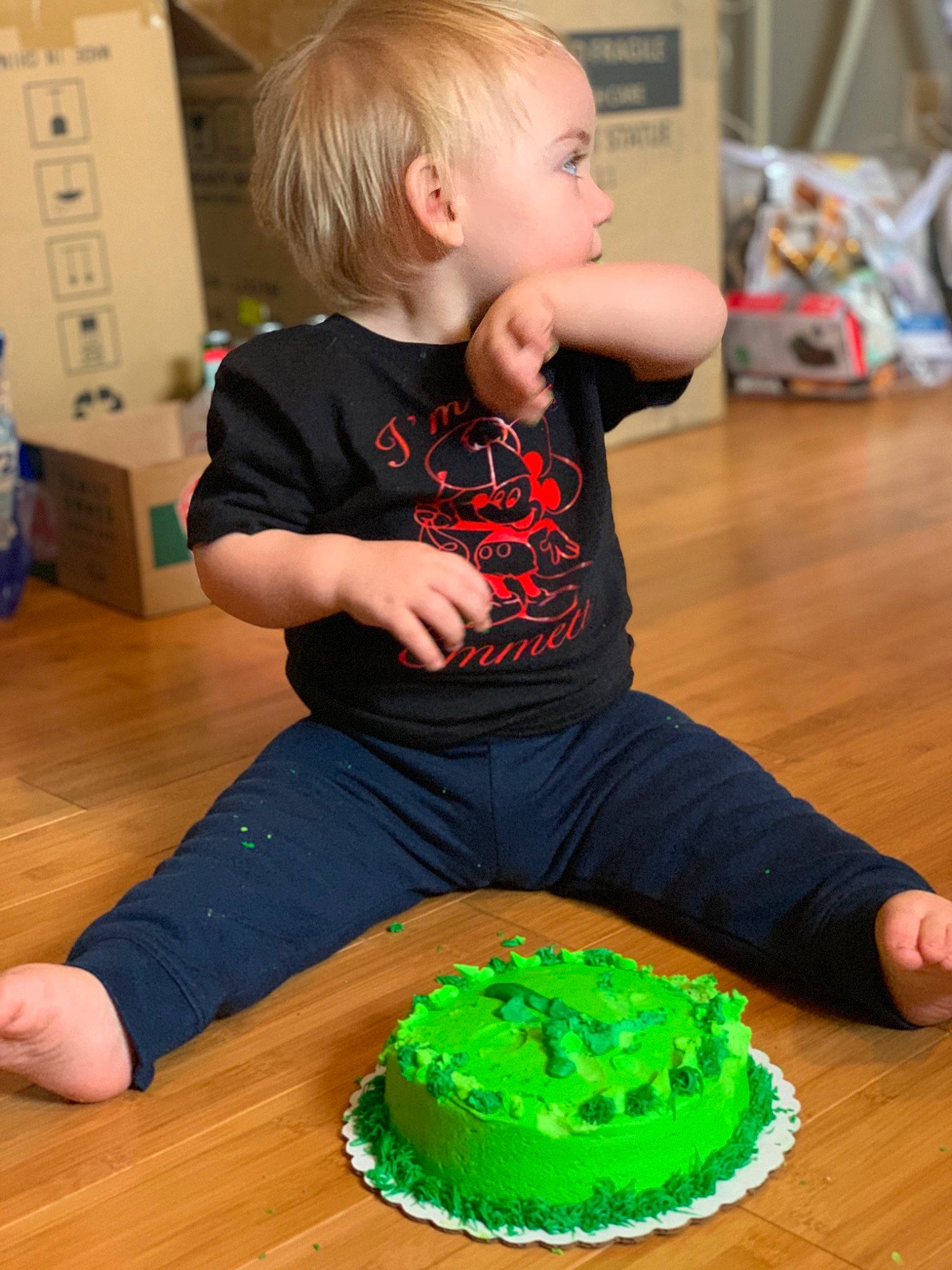 Emmet is registered to the contest to win money with this photo: baby_toddler_clothing, baked_goods, birthday_cake, blue, buttercream, cake, cake_decorating, cake_decorating_supply, child, cuisine, dessert, event, flooring, food, fun, kitchen_appliance, person, standing, sugar_cake, toddler