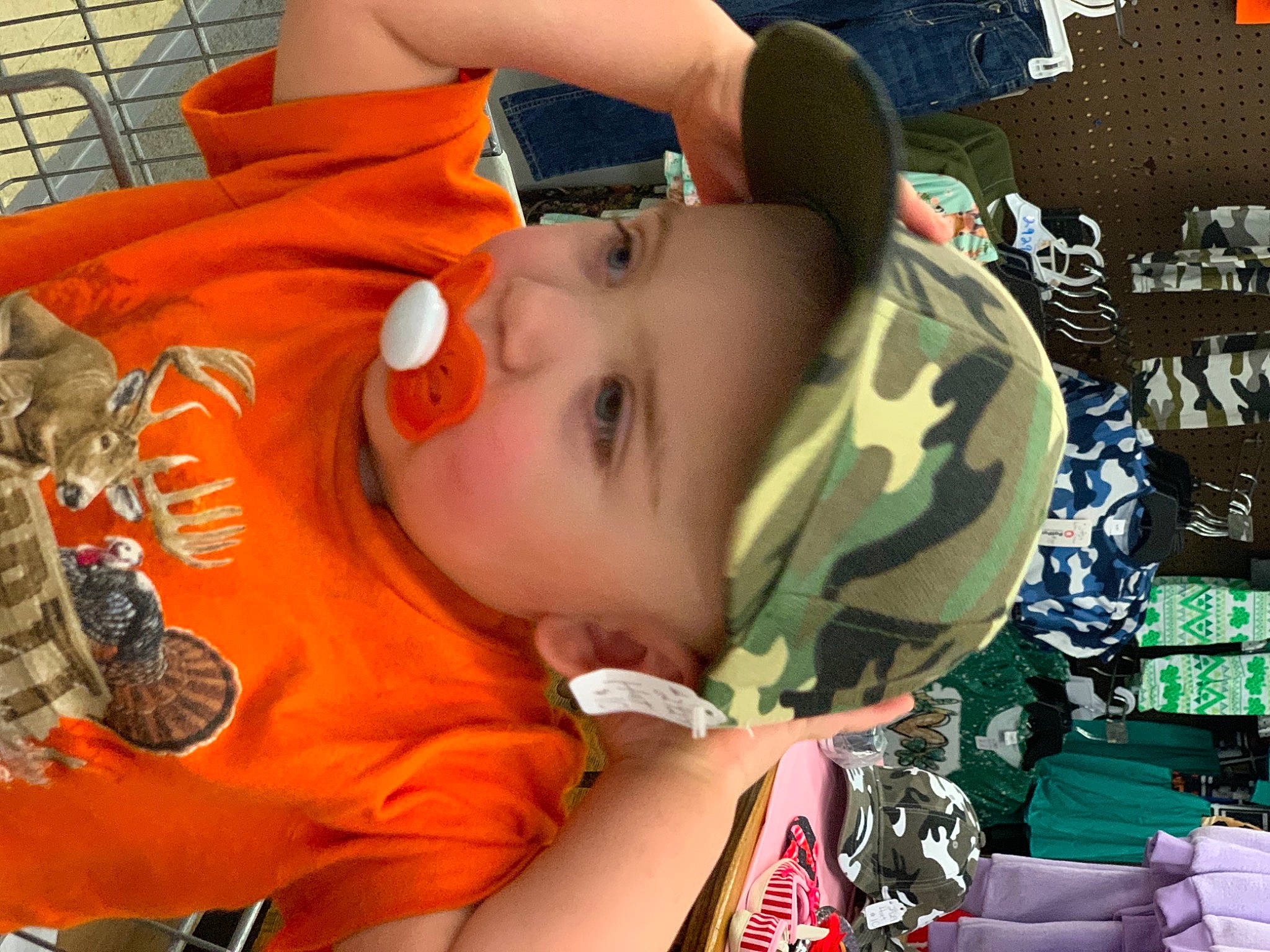 Emmet is registered to the contest to win money with this photo: baby, baby_products, baby_toddler_clothing, cheek, child, cool, eyelash, fun, happy, headwear, mouth, orange, pattern, person, play, sleeve, t_shirt, toddler